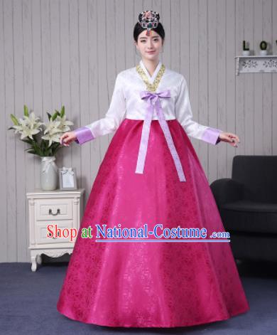 Traditional Korean Palace Costumes Asian Korean Hanbok Bride White Blouse and Rosy Skirt for Women