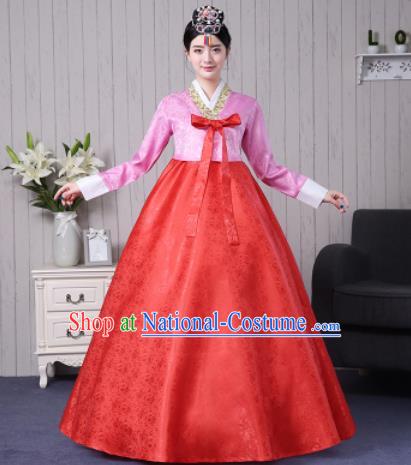 Traditional Korean Palace Costumes Asian Korean Hanbok Bride Pink Blouse and Red Skirt for Women