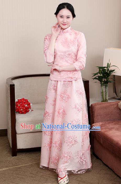 Chinese Ancient Nobility Lady Costumes Traditional Embroidered Pink Qipao Blouse and Skirt for Women