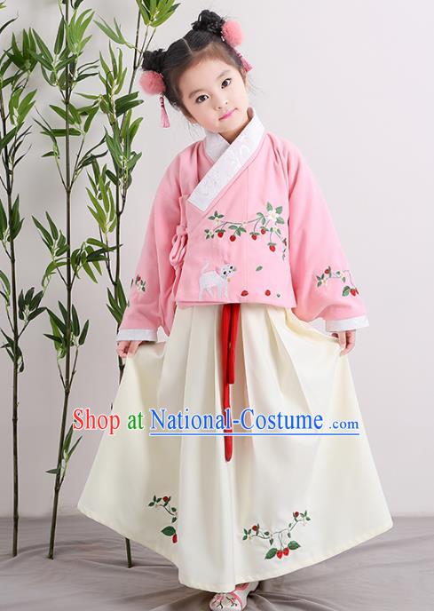 Chinese Ancient Ming Dynasty Children Costumes Traditional Pink Blouse and White Skirt for Kids