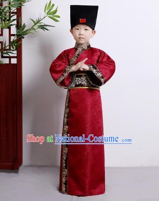 Chinese Ancient Scholar Costumes Traditional Red Robe for Kids