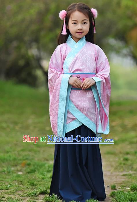 Chinese Ancient Han Dynasty Princess Costumes Traditional Pink Curving-Front Robe for Kids