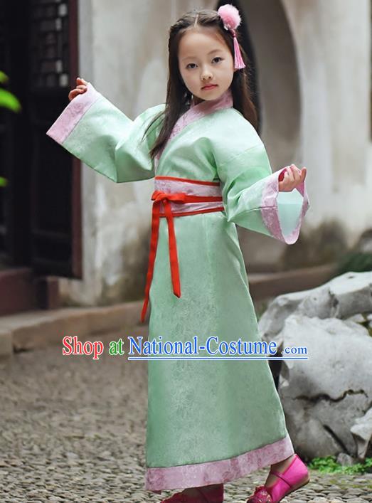 Chinese Ancient Han Dynasty Princess Costumes Traditional Green Hanfu Dress for Kids