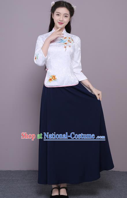 Chinese Ancient Bridesmaid Costumes Traditional Embroidered White Qipao Blouse and Navy Skirt for Women