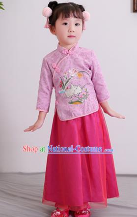 Chinese Ancient Republic of China Children Costumes Traditional Purple Blouse and Skirt for Kids