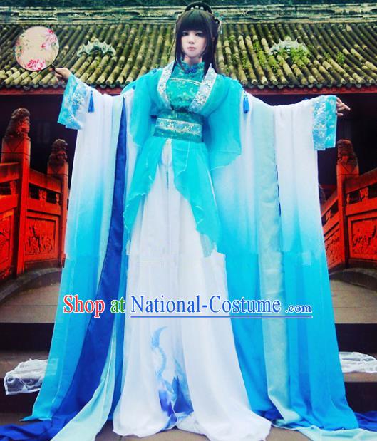 Chinese Ancient Cosplay Peri Goddess Blue Hanfu Dress Traditional Tang Dynasty Princess Costume for Women