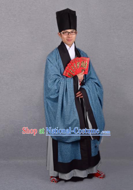 Chinese Ancient Taoist Blue Cloak Traditional Ming Dynasty Minister Costume for Men