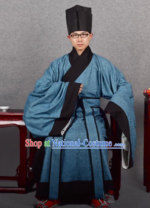 Chinese Ancient Taoist Blue Robe Traditional Ming Dynasty Minister Costume for Men