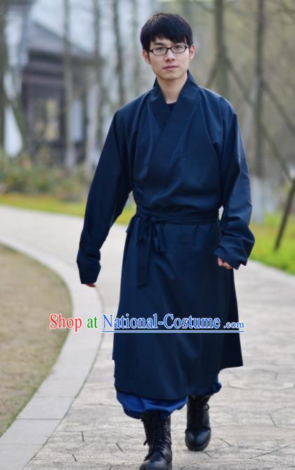 Chinese Ancient Traditional Ming Dynasty Taoist Priest Costume Monk Navy Robe for Men