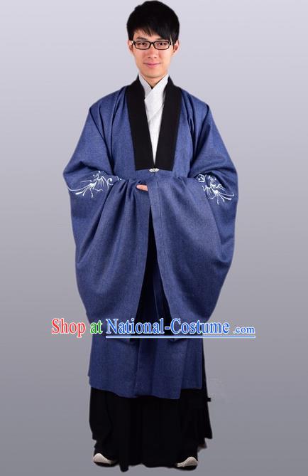 Chinese Ancient Traditional Ming Dynasty Taoist Priest Costume Scholar Blue Cloak for Men