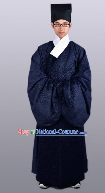 Chinese Ancient Traditional Ming Dynasty Taoist Priest Costume Navy Priest Frock for Men