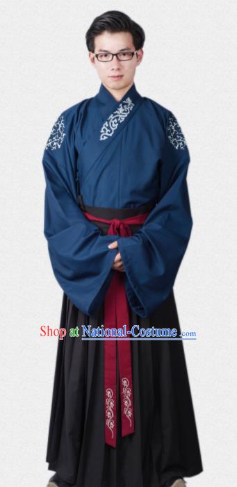 Chinese Ancient Traditional Ming Dynasty Scholar Blue Costumes Complete Set for Men