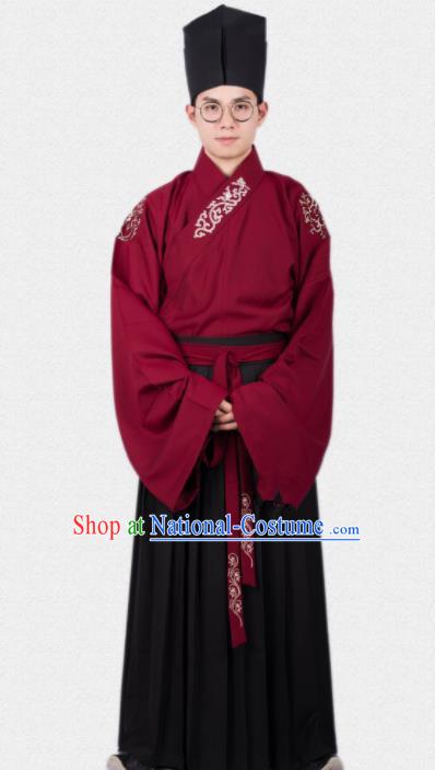 Chinese Ancient Traditional Ming Dynasty Scholar Red Costumes Complete Set for Men