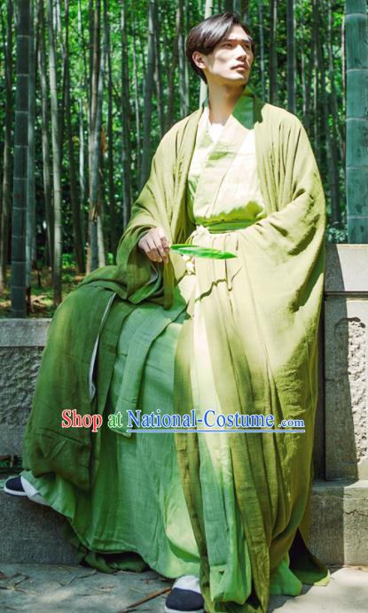 Chinese Ancient Traditional Jin Dynasty Scholar Swordsman Hermit Green Costumes for Men