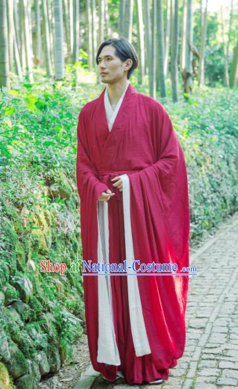 Chinese Ancient Traditional Jin Dynasty Scholar Swordsman Hermit Red Costumes for Men