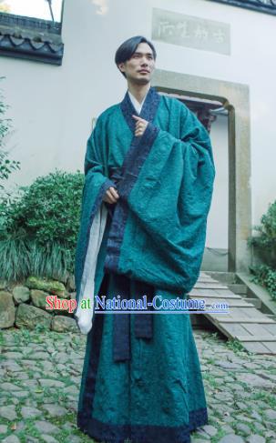 Chinese Ancient Traditional Han Dynasty Green Cloak Scholar Swordsman Costumes for Men