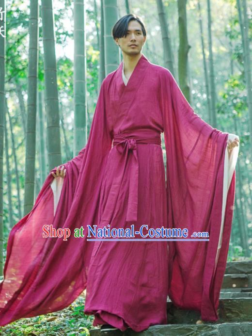 Chinese Ancient Traditional Han Dynasty Wine Red Cloak Scholar Swordsman Costumes for Men