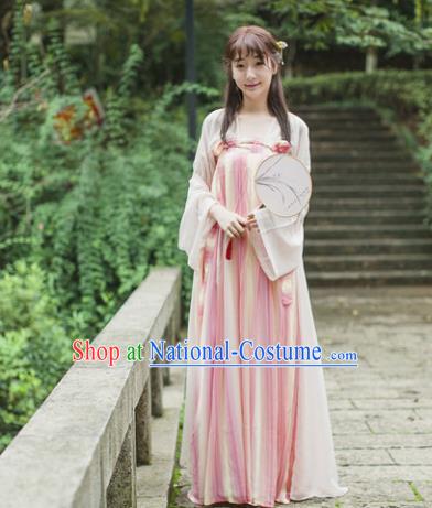 Traditional Chinese Tang Dynasty Maidenform Costume Ancient Princess Pink Hanfu Dress for Women