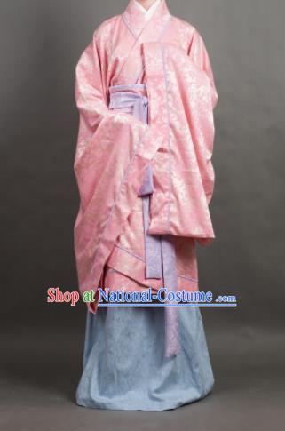 Traditional Chinese Han Dynasty Dowager Costume Ancient Pink Curving-Front Robe for Women