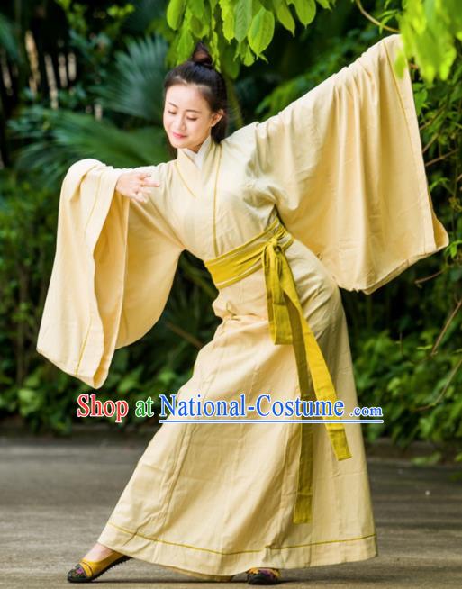 Traditional Chinese Han Dynasty Princess Costume Ancient Yellow Curving-Front Robe for Women