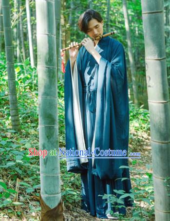 Chinese Ancient Traditional Han Dynasty Blue Wide Sleeve Robe Scholar Swordsman Costumes for Men