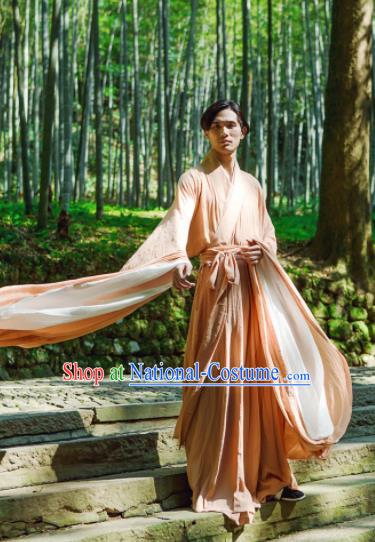 Chinese Ancient Traditional Han Dynasty Orange Wide Sleeve Robe Scholar Swordsman Costumes for Men