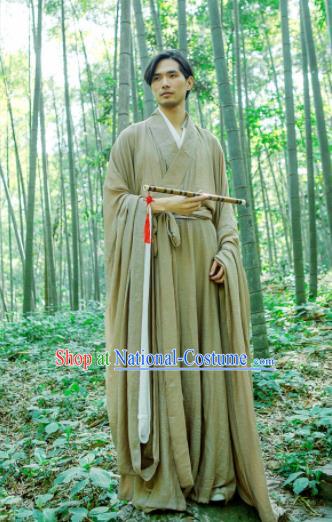 Chinese Ancient Traditional Han Dynasty Khaki Wide Sleeve Robe Scholar Swordsman Costumes for Men