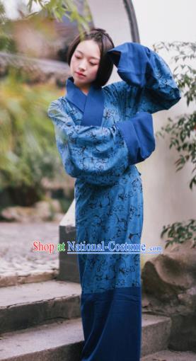 Traditional Chinese Han Dynasty Princess Costume Ancient Blue Curving-Front Robe for Women