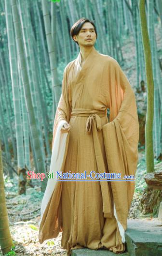 Chinese Ancient Traditional Han Dynasty Ginger Wide Sleeve Robe Scholar Swordsman Costumes for Men