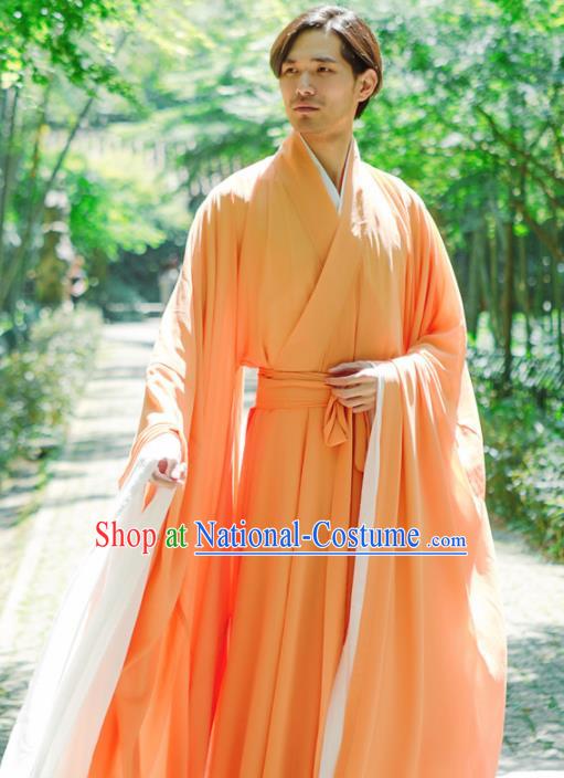 Chinese Ancient Traditional Jin Dynasty Orange Straight-Front Robe Scholar Swordsman Costumes for Men