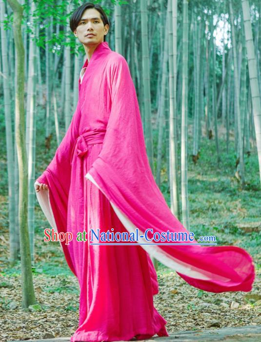 Chinese Ancient Traditional Han Dynasty Rosy Wide Sleeve Robe Scholar Swordsman Costumes for Men