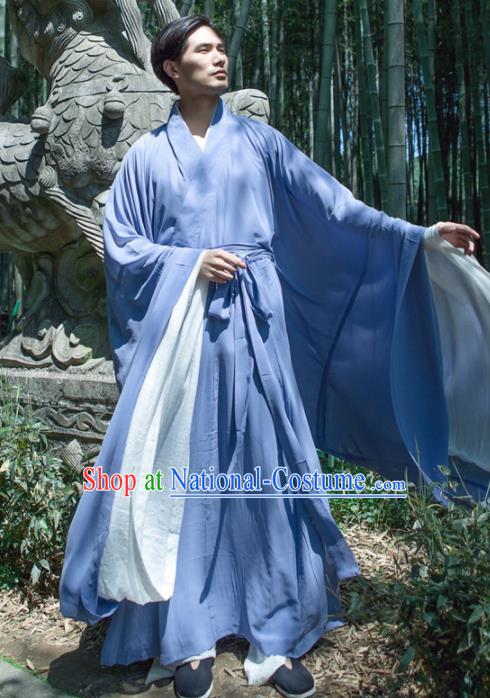 Chinese Ancient Traditional Jin Dynasty Blue Straight-Front Robe Scholar Swordsman Costumes for Men