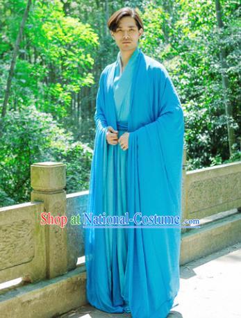 Chinese Ancient Traditional Jin Dynasty Swordsman Costumes Scholar Blue Cloak for Men