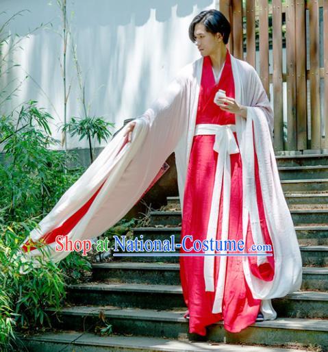 Chinese Ancient Traditional Jin Dynasty Swordsman Costumes Scholar Red Straight-Front Robe for Men