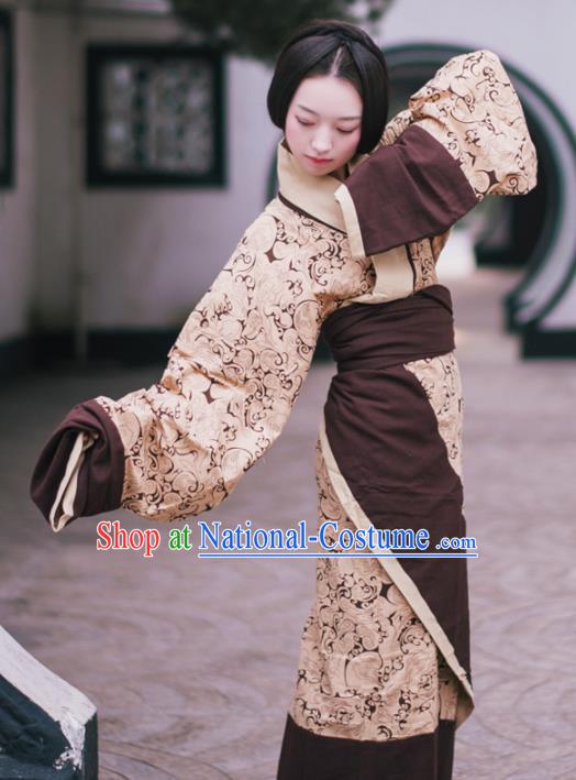 Traditional Chinese Han Dynasty Princess Costume Ancient Brown Curving-Front Robe for Women