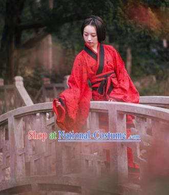 Traditional Chinese Han Dynasty Princess Costume Ancient Red Curving-Front Robe for Women