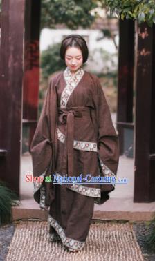 Traditional Chinese Han Dynasty Princess Costume Ancient Deep Brown Curving-Front Robe for Women