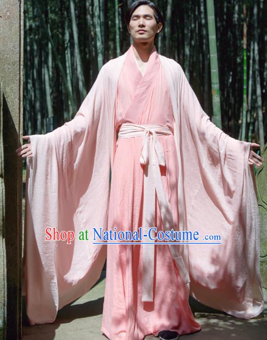 Chinese Ancient Traditional Jin Dynasty Pink Wide Sleeve Cloak Scholar Swordsman Costumes for Men