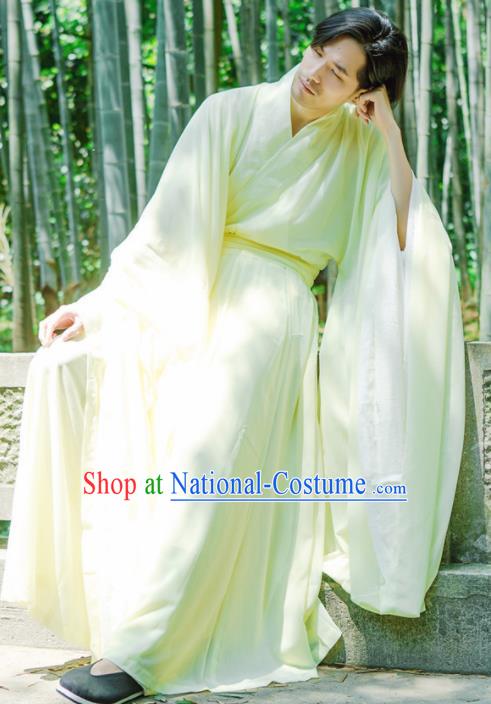 Chinese Ancient Traditional Jin Dynasty Yellow Wide Sleeve Cloak Scholar Swordsman Costumes for Men