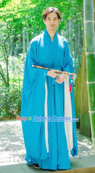 Chinese Ancient Traditional Jin Dynasty Blue Wide Sleeve Robe Scholar Swordsman Costumes for Men