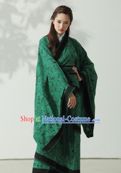 Traditional Chinese Han Dynasty Princess Costume Ancient Green Curving-Front Robe for Women