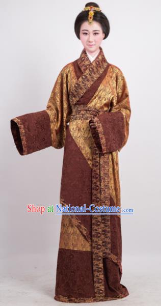 Traditional Chinese Han Dynasty Countess Golden Curving-Front Robe Ancient Palace Lady Costume for Women