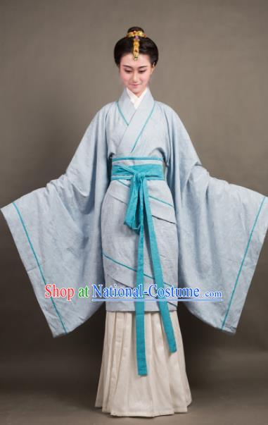 Traditional Chinese Han Dynasty Countess Blue Curving-Front Robe Ancient Palace Lady Costume for Women