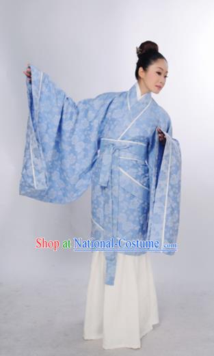 Traditional Chinese Han Dynasty Marquise Costume Ancient Princess Blue Curving-Front Robe for Women