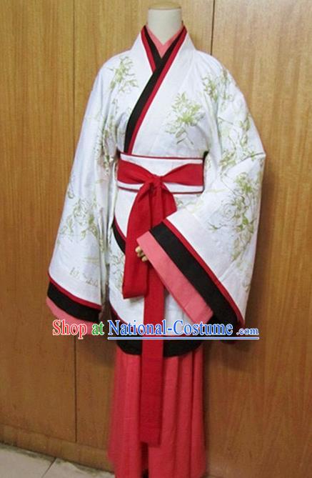 Traditional Chinese Han Dynasty White Curving-Front Robe Ancient Princess Costume for Women