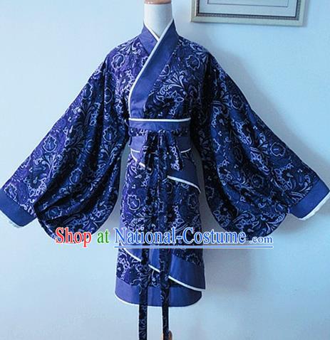 Traditional Chinese Han Dynasty Young Lady Navy Hanfu Dress Ancient Swordsman Costume for Women