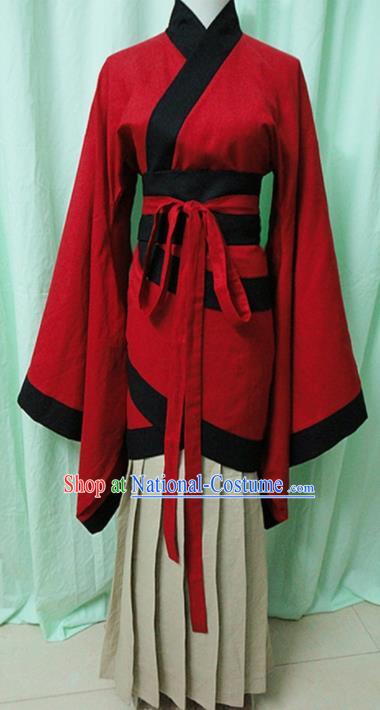 Traditional Chinese Han Dynasty Red Curving-Front Robe Ancient Princess Fairy Costume for Women