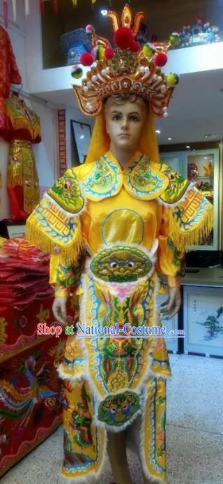 Traditional Chinese Beijing Opera Takefu Costume General Embroidered Yellow Clothing and Hat for Men