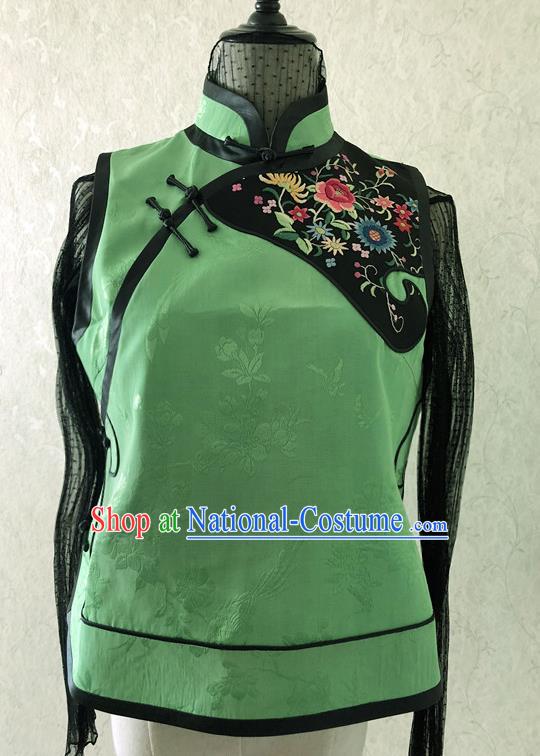 Traditional Chinese Handmade Brocade Costume Tang Suit Embroidered Green Vest for Women