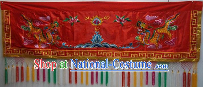 Traditional Chinese Beijing Opera Props Flag Embroidered Dragons Altar Antependium Red Banner